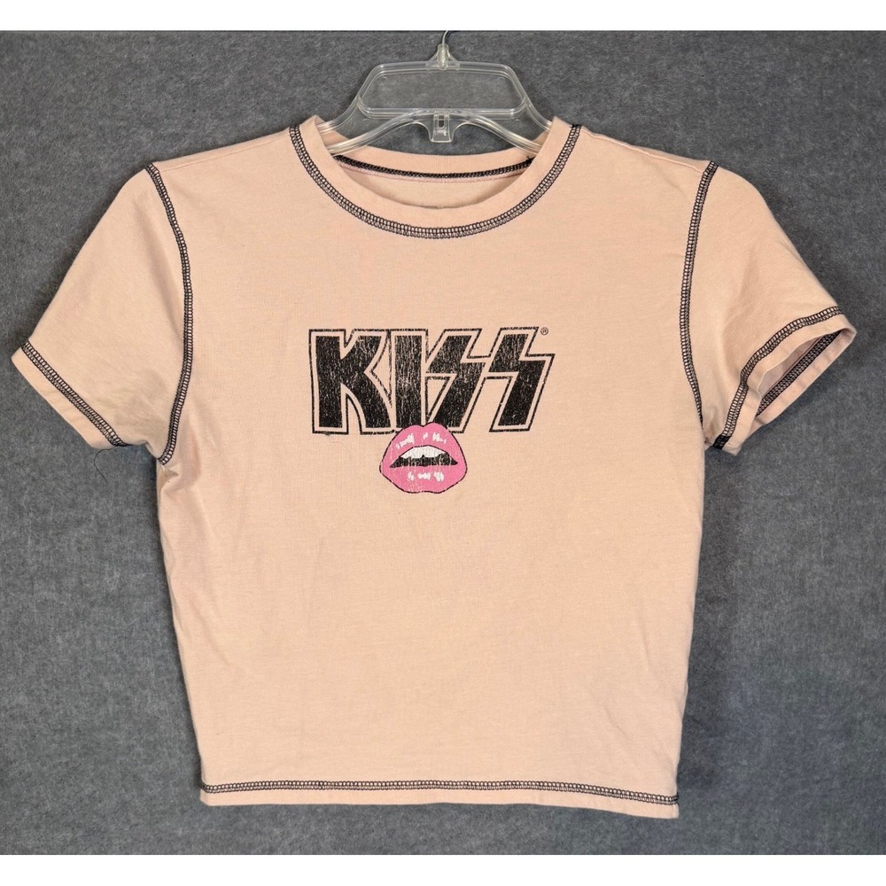 Y2K Twee KISS Band Crop Top L Pink Contrast Stitch Graphic Baby Tee Y2K